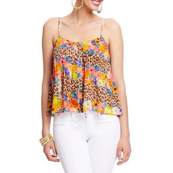 Bebe 2B Floral Animal Print Button-Up Pleated Tank Top - Picture 1 of 7